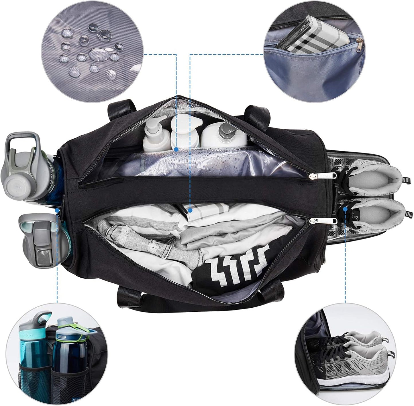 Sports Gym Bag with Wet Pocket & Shoe Compartment Fitness Workout Bag for Men and Women, Black