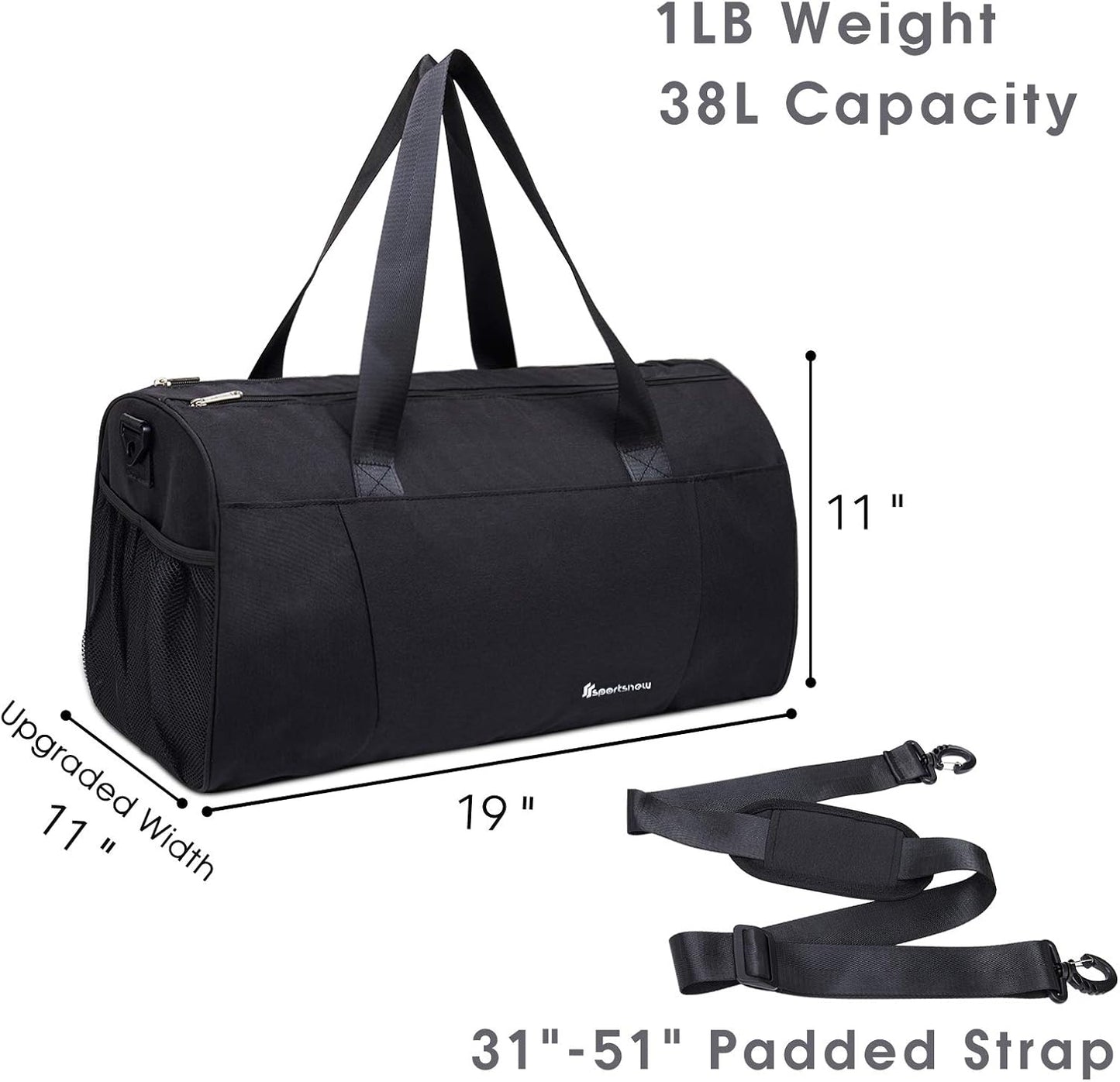 Sports Gym Bag with Wet Pocket & Shoe Compartment Fitness Workout Bag for Men and Women, Black