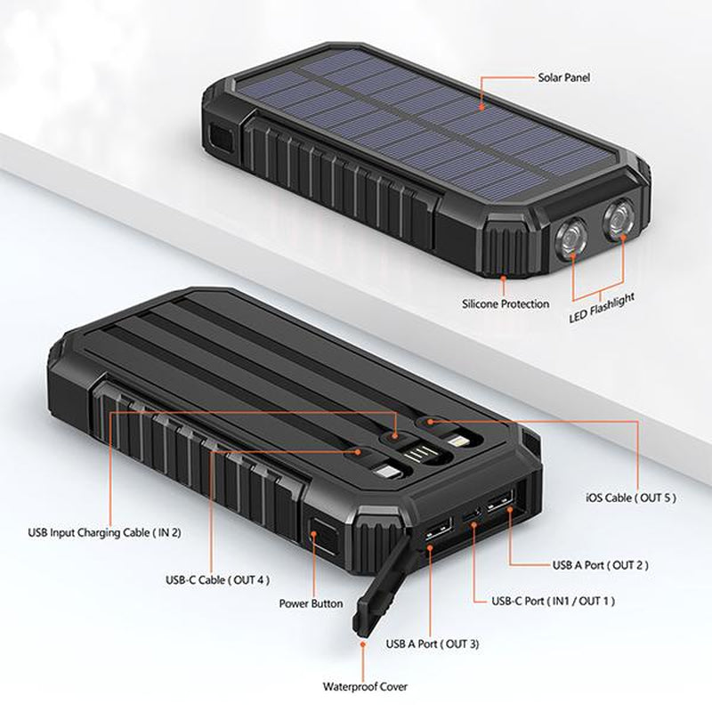 27000Mah Solar Power Bank, Solar Charger Built in 3 Cables 5 Outputs Fast Charging Power Bank with Dual Flashlights, Solar Portable Charger for All Mobile Devices