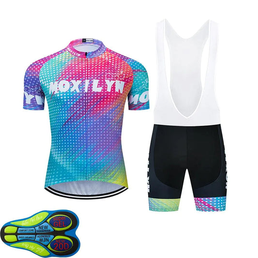 MOXILYN Men Cycling Jersey Kit Bike Shorts Set MTB Bicycle Clothing Quick Dry Bike Shirts + Bibs Short with 20D Padded