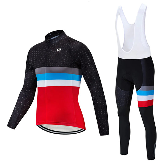 CR Winter Mens Cycling Jersey Long Sleeves Thermal Fleece Bike Jersey + Bib Pants Winter Cycling Kit Clothing Set for Men (Black/Red 3XL)