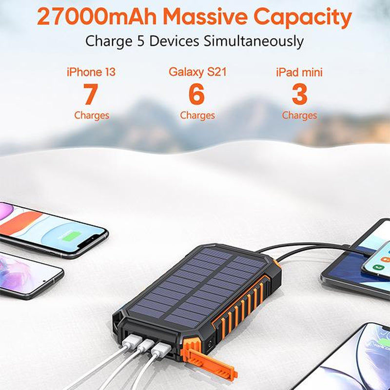 27000Mah Solar Power Bank, Solar Charger Built in 3 Cables 5 Outputs Fast Charging Power Bank with Dual Flashlights, Solar Portable Charger for All Mobile Devices